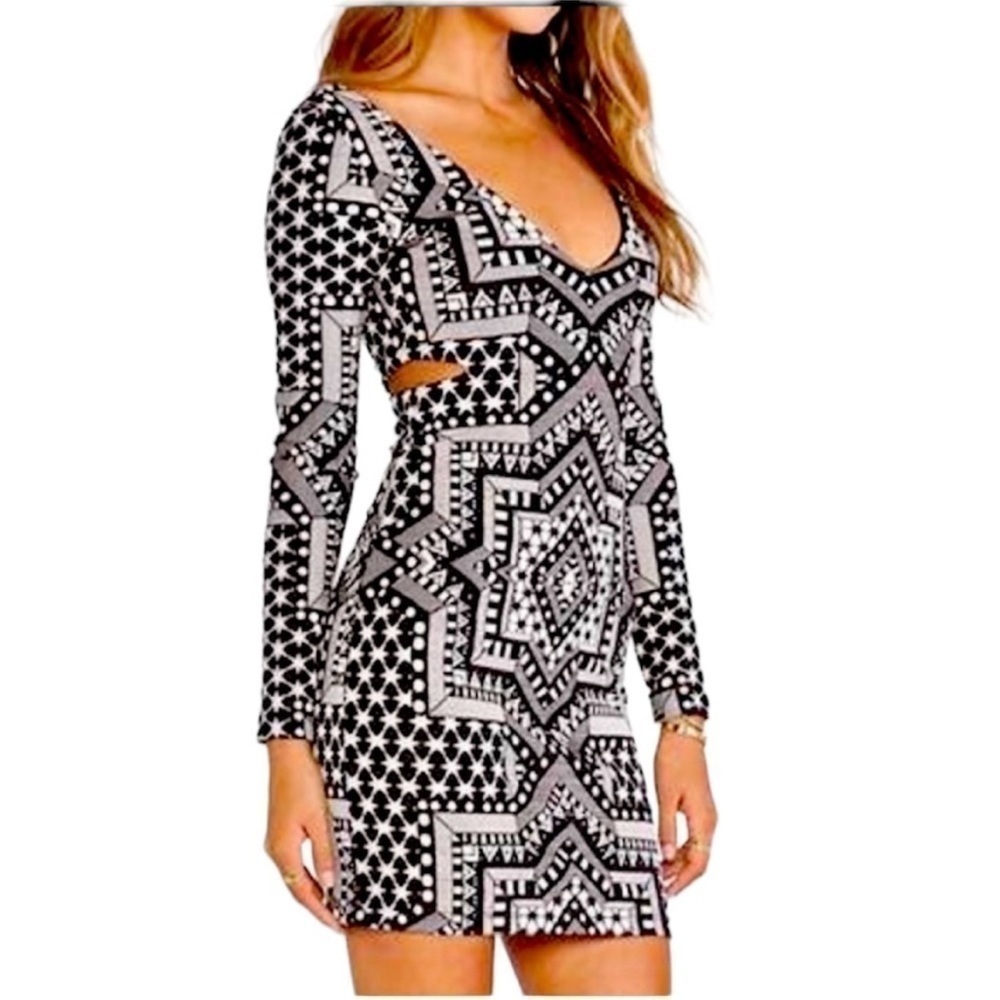 Mara Hoffman Deep V Side Cut Out Dress in Star Jacquard Black White Sz XS